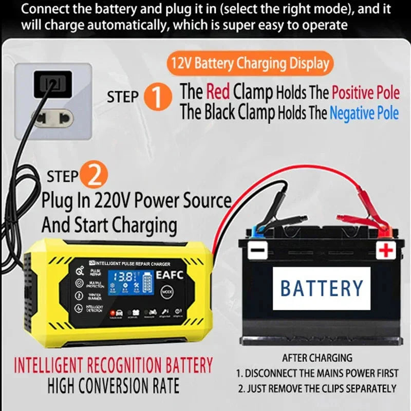 Carregador de Bateria 12V Inteligente para Carros e Motos com Visor LCD