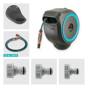 GardenPro - Mangueira Externa Com Enrolador Retrátil, trava e Suporte Giratório 180